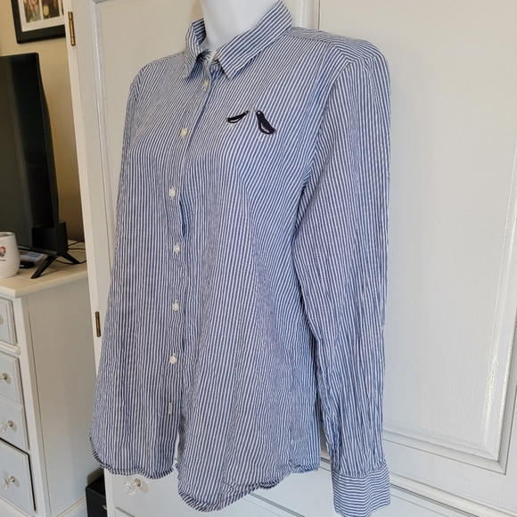 LOFT Blue White Striped 100% Cotton Button Down Shirt Embroidered Birds Size M - Picture 4 of 10